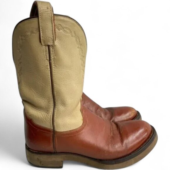 Old West Ivory Brown Long Straps Leather Western Cowboy Work Boots Men's 10 D - Picture 6 of 12